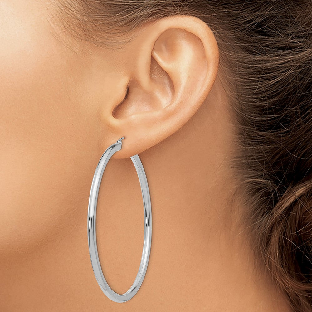 14K White Gold 3x60mm Polished Lightweight Tube Hoop Earrings