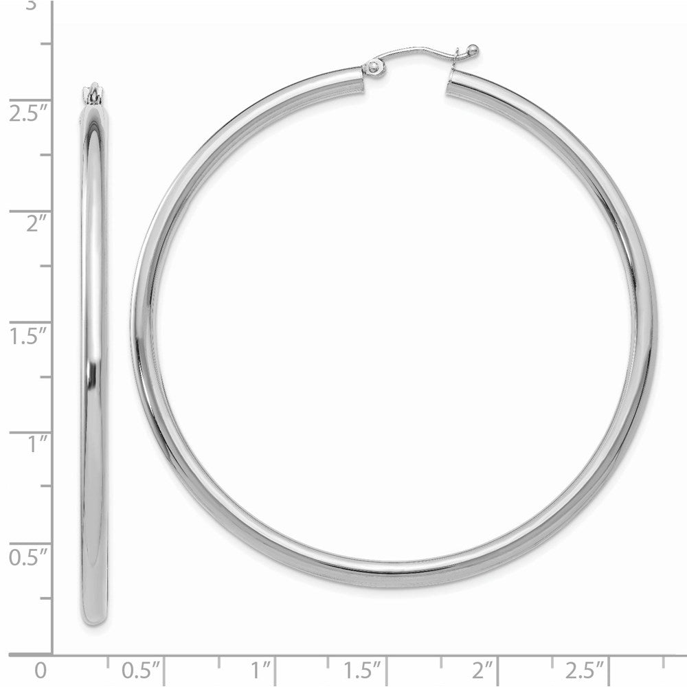 14K White Gold 3x60mm Polished Lightweight Tube Hoop Earrings