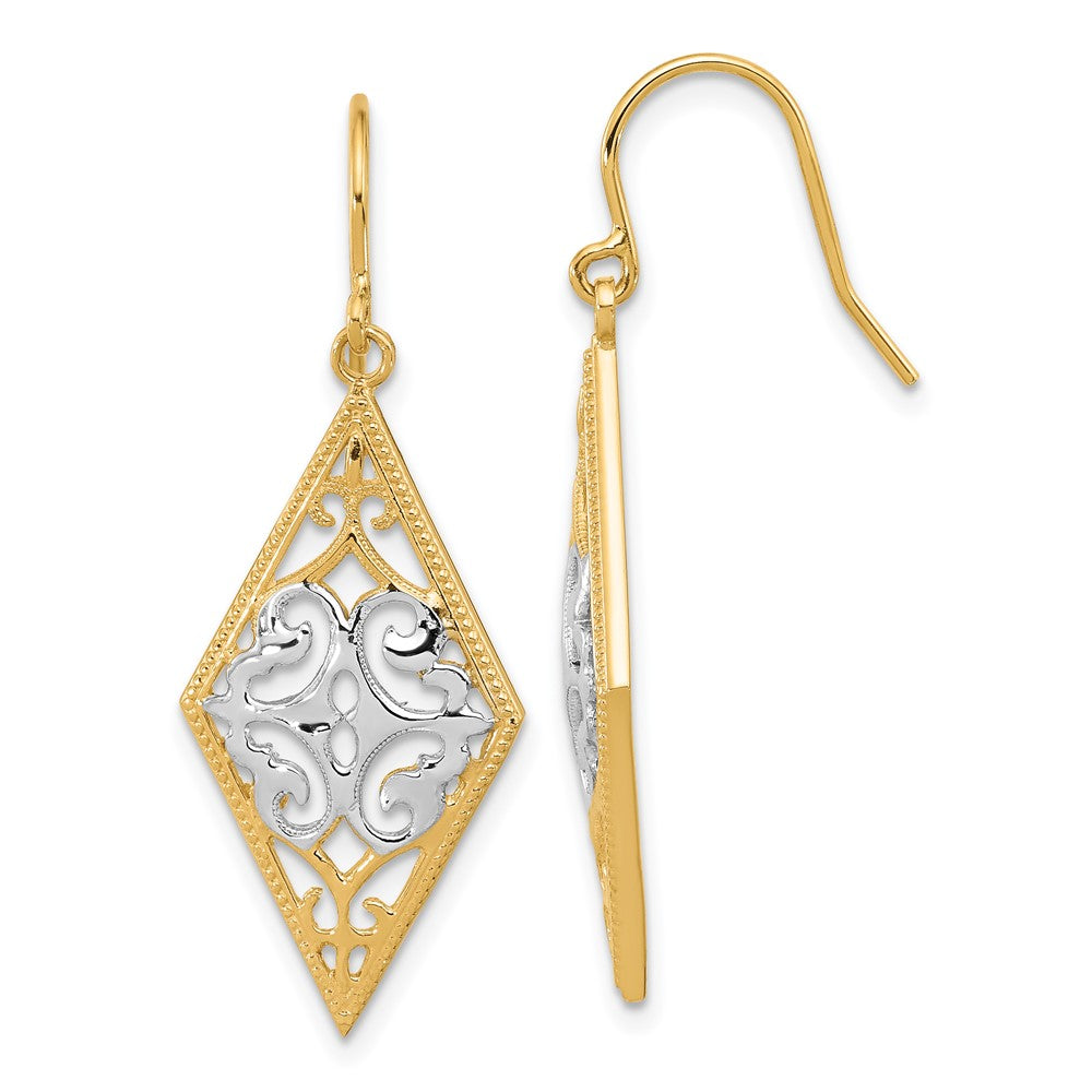 Diamond-cut;Polished;Open back;14K Yellow gold & rhodium;Shepherd hook;Dangle
