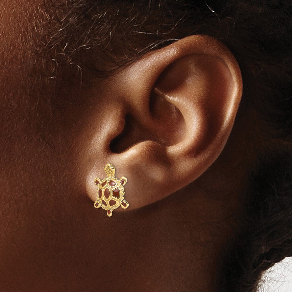 14K Sea Turtle W/Spiny Brown Enamel Shell Earrings