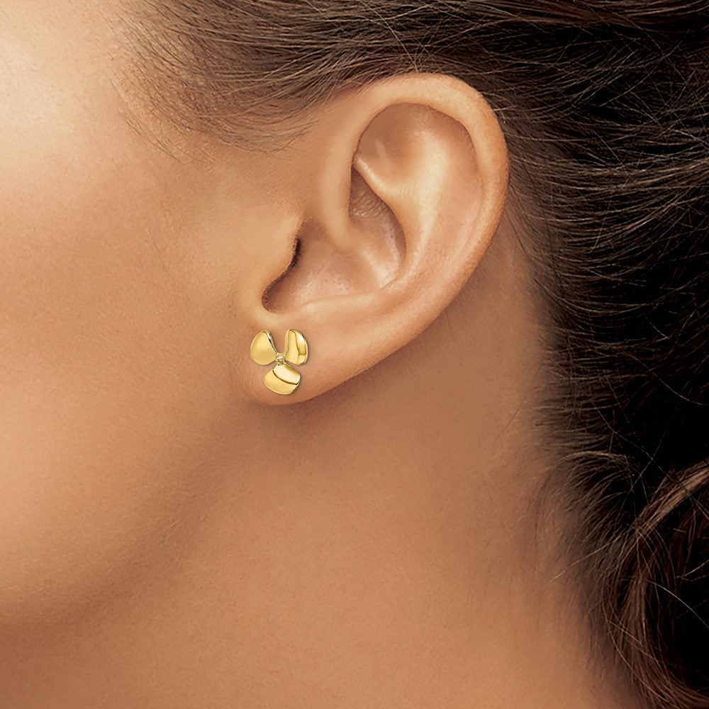 14K Polished Three Blade Propeller w/ Center Bead Post Earrings