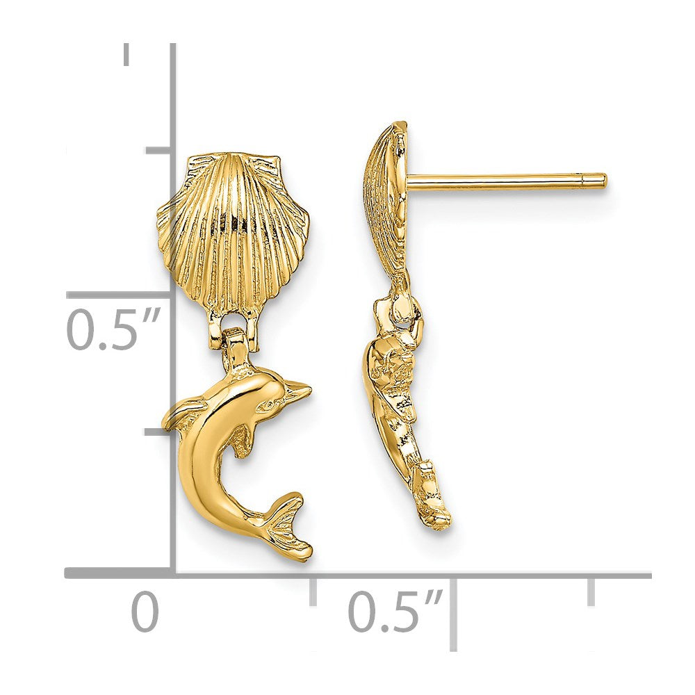 14K Dolphin Dangle From Mini Scallop Earrings