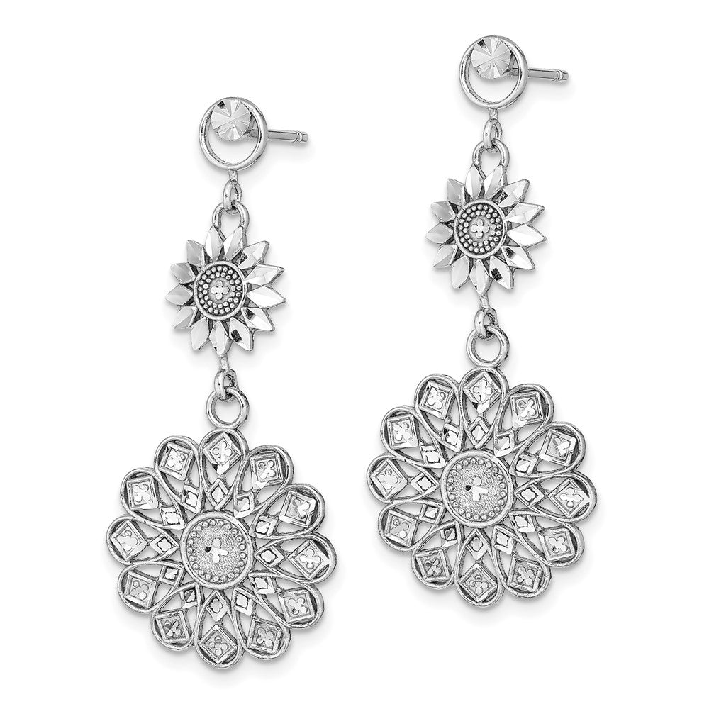 14K White Gold D/C Sunflower Style Double Drop  Earrings