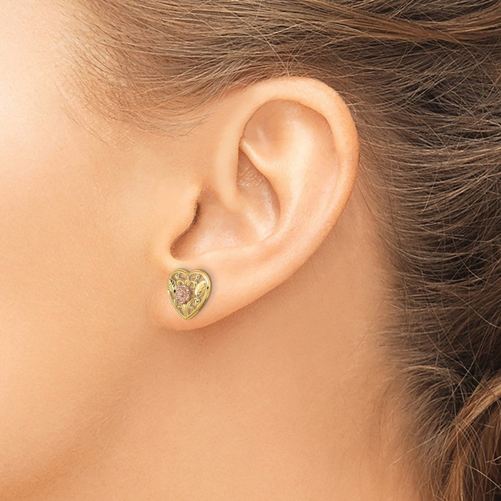14K Two-tone Polished Floral in Heart Post Earrings