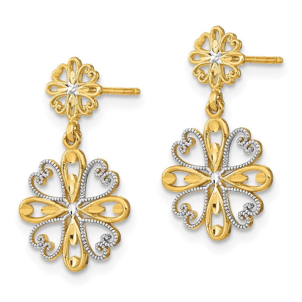 14K w/Rhodium Beaded Heart Petal Floral Dangle Earrings