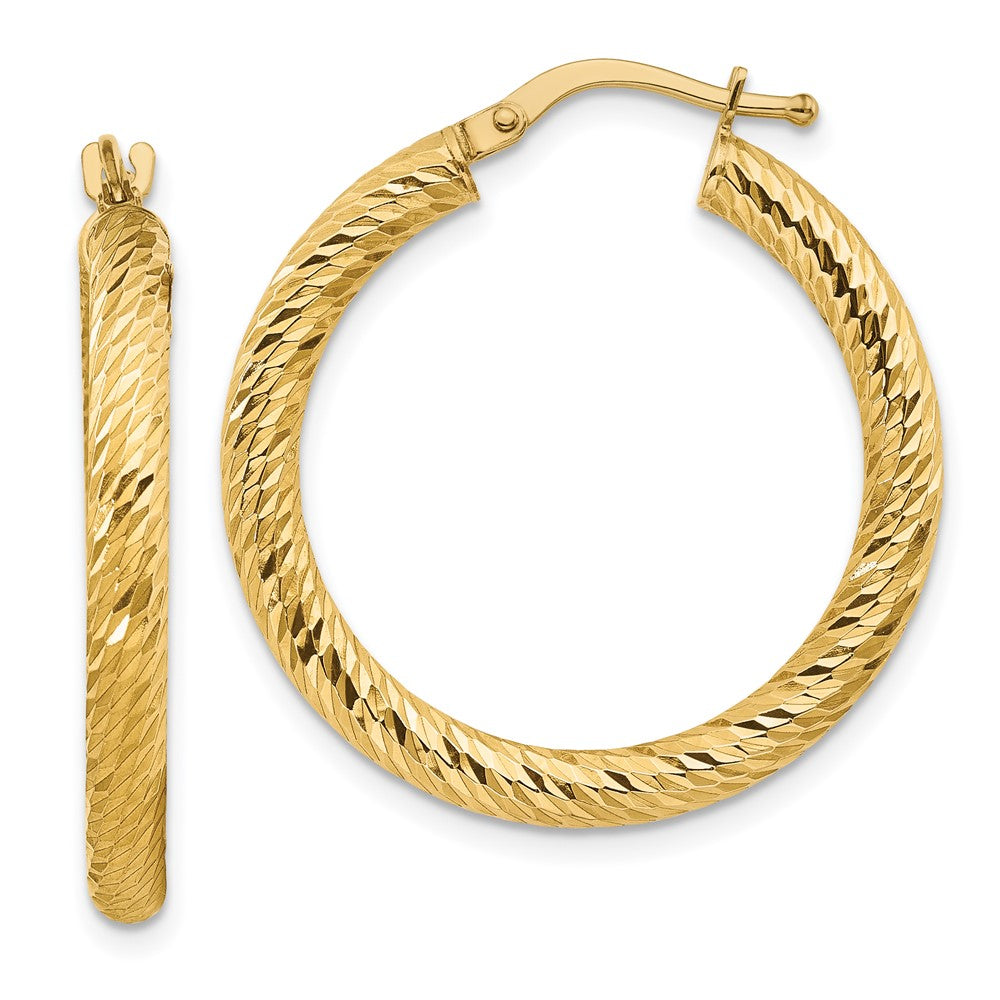 14k 3x27mm Diamond-cut Round Tube Hoop Earrings