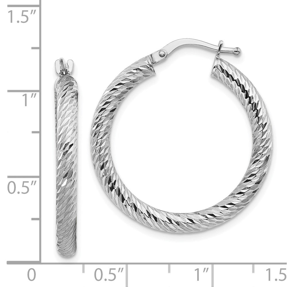 14k White Gold 3x27mm Diamond-cut Round Tube Hoop Earrings