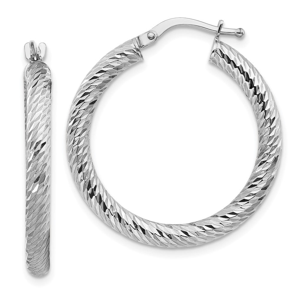 14k White Gold 3x27mm Diamond-cut Round Tube Hoop Earrings