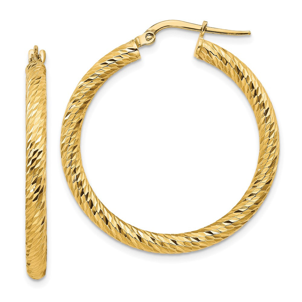14k 3x32mm Diamond-cut Round Tube Hoop Earrings