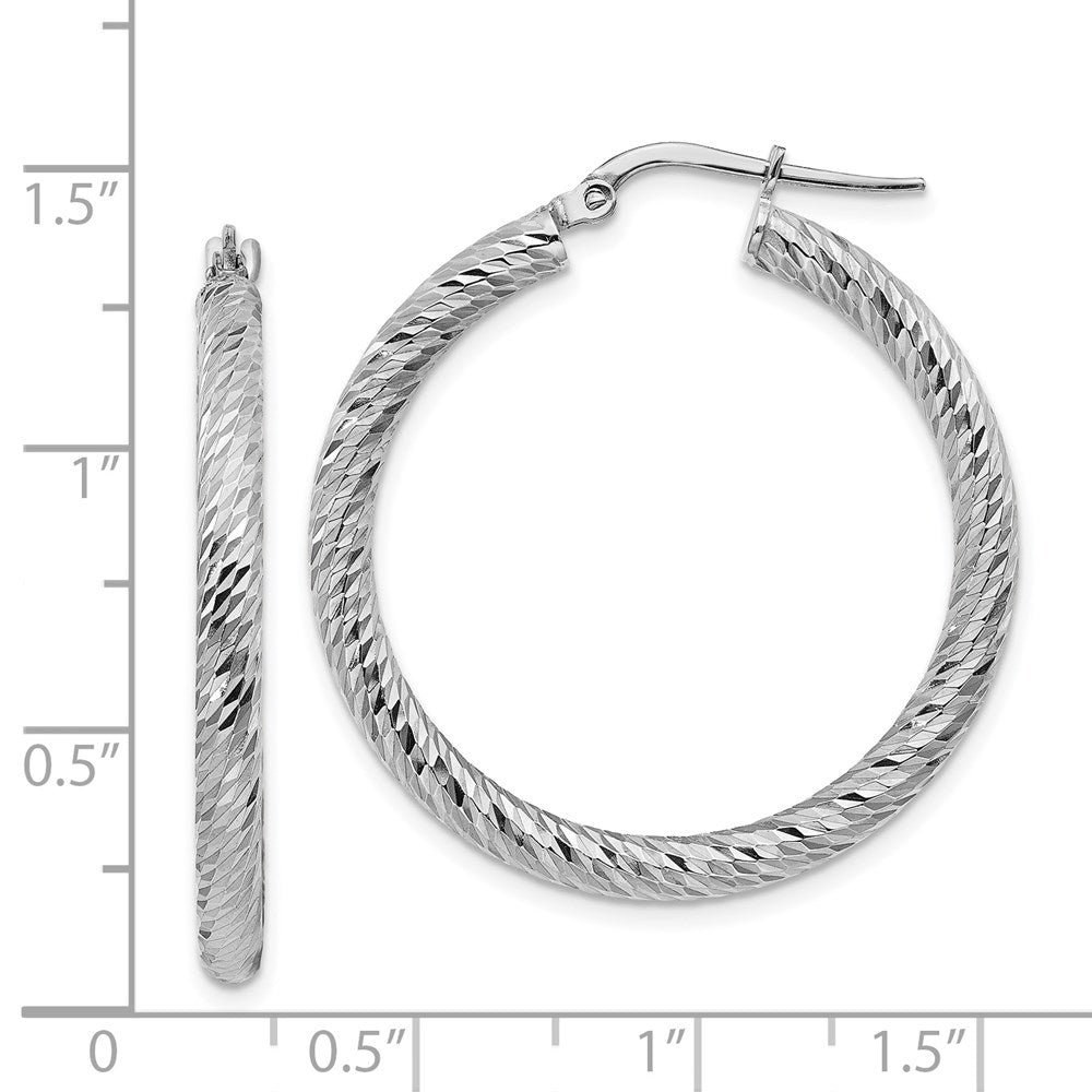 14k White Gold 3x32mm Diamond-cut Round Tube Hoop Earrings