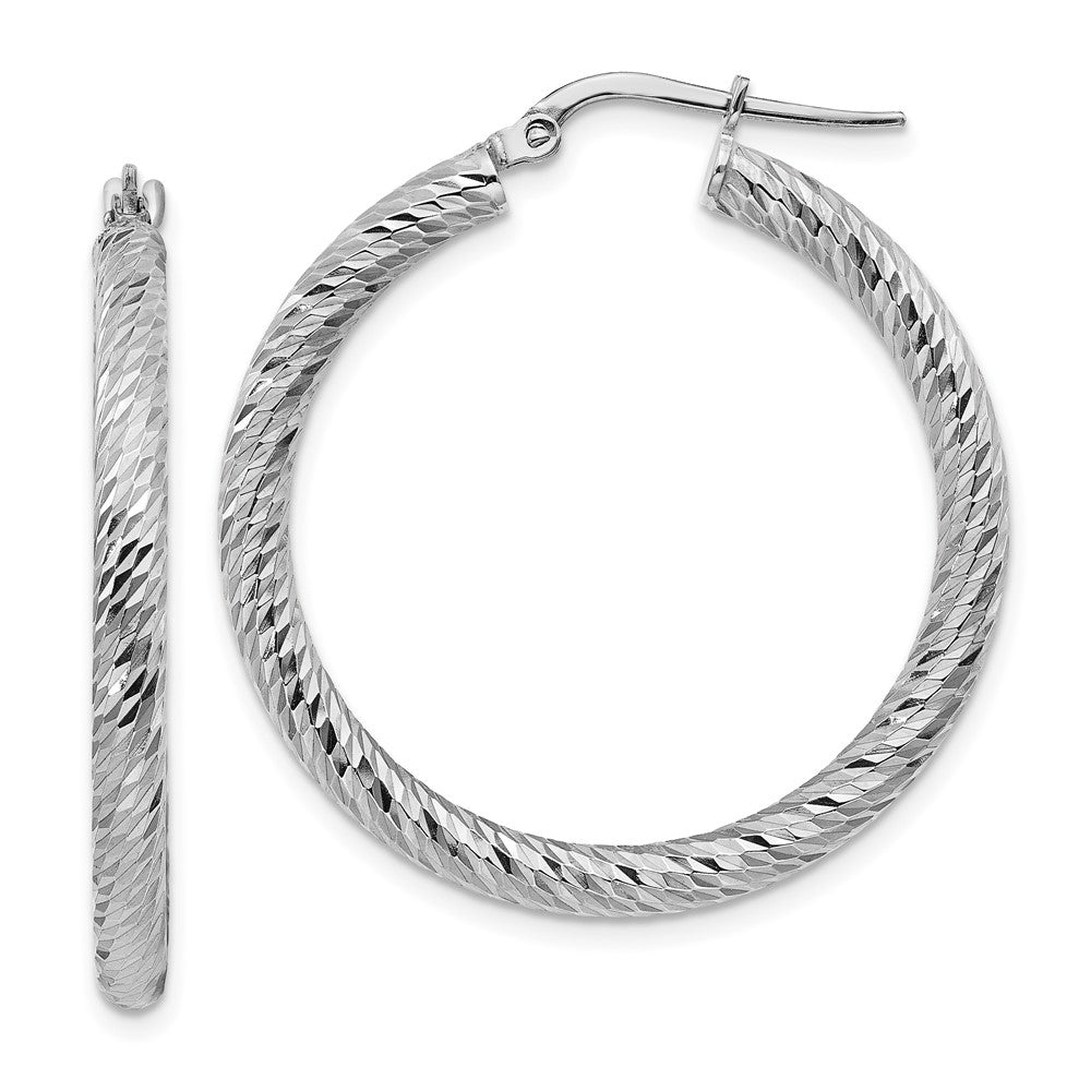 14k White Gold 3x32mm Diamond-cut Round Tube Hoop Earrings