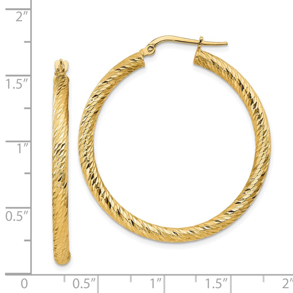 14k 3x37mm Polished Diamond-cut Round Tube Hoop Earrings
