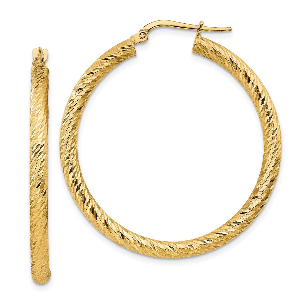 14k 3x37mm Polished Diamond-cut Round Tube Hoop Earrings
