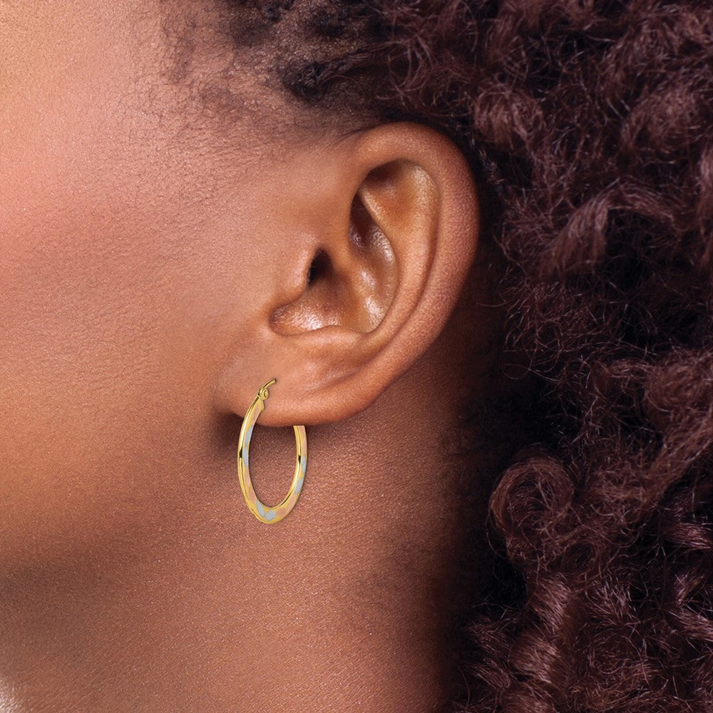 14k w/White and Rose Rhodium Diamond-cut Hoop Earrings