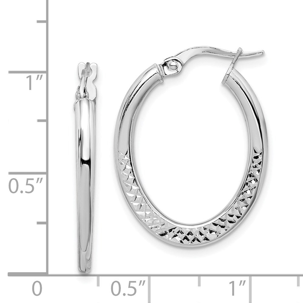 14K White Gold 2x25mm Diamond-cut Oval Hoop Earrings