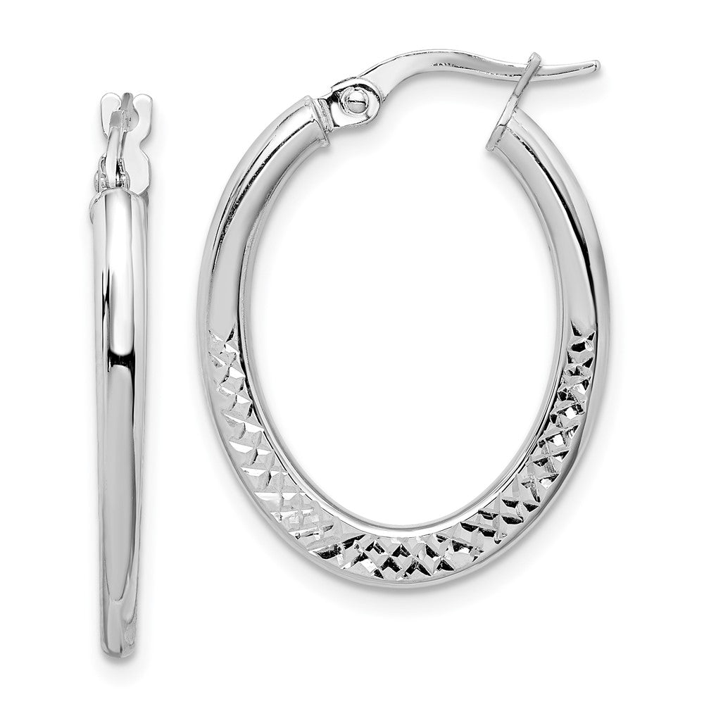 14K White Gold 2x25mm Diamond-cut Oval Hoop Earrings