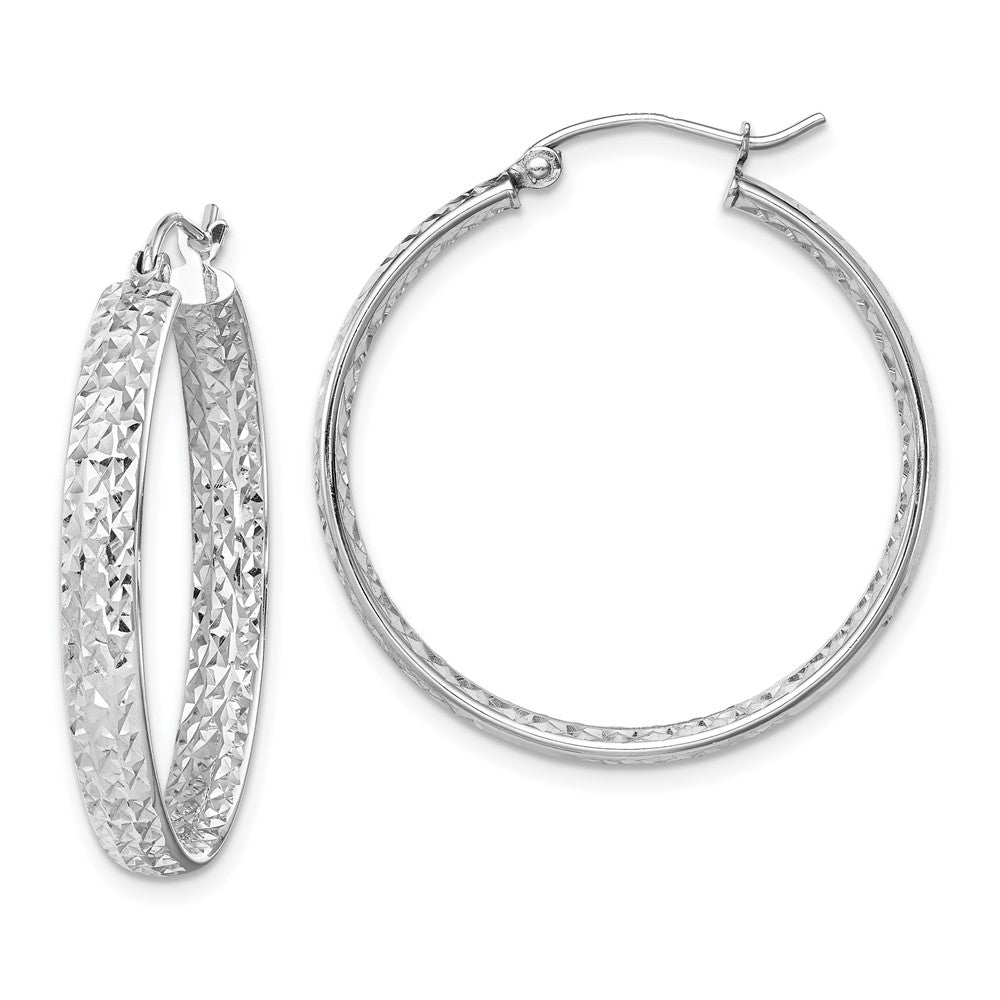 14k White Gold 3.75x30mm Polished Diamond-cut Inside and Out Fancy Tube Hoop Earrings