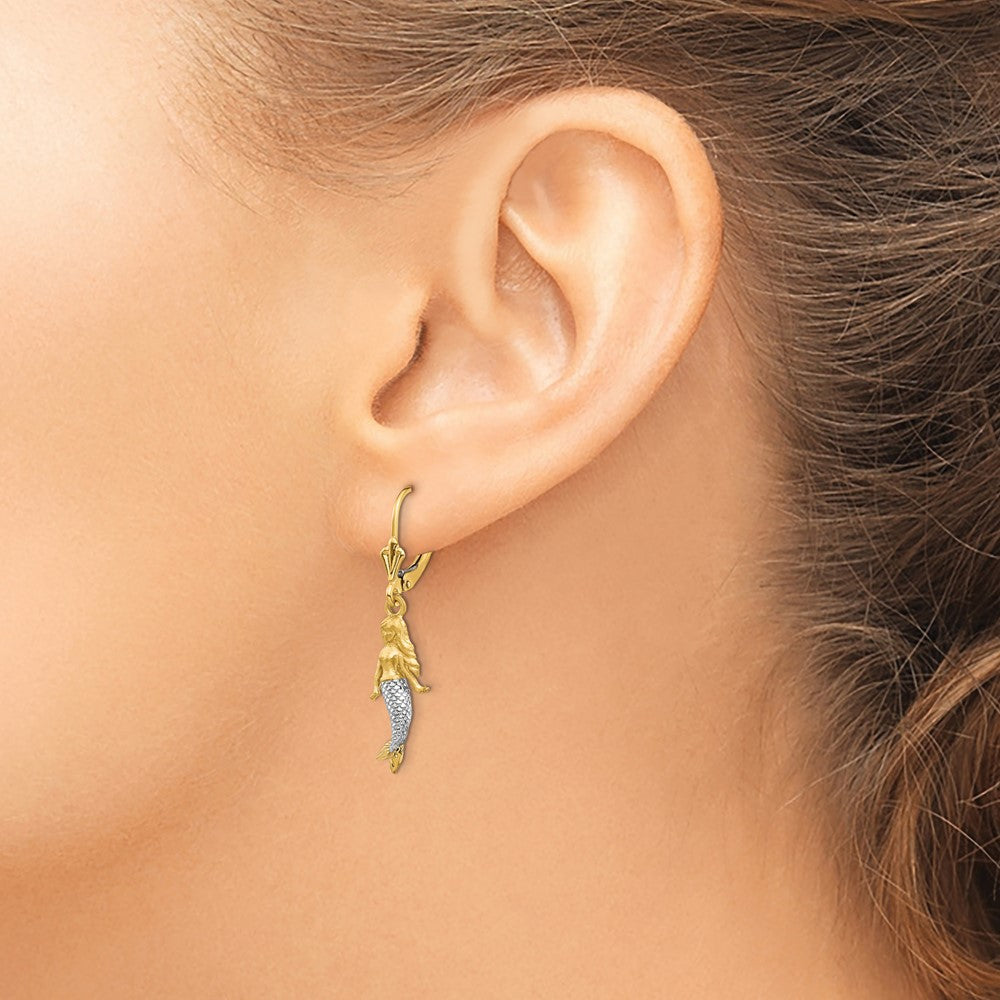 14K and White Rhodium Brushed & Polished Mermaid Earrings