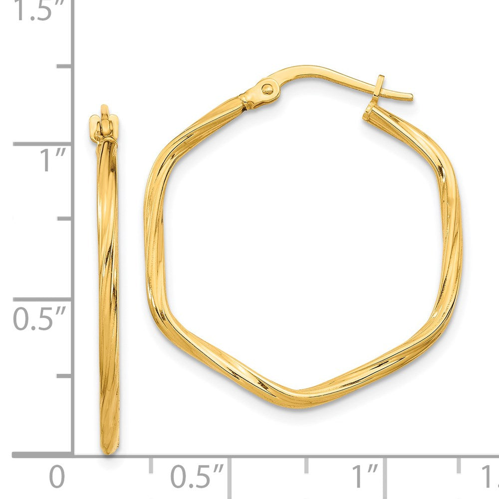 14K 2x27mm Textured Twist Hexagon Hoop Earrings