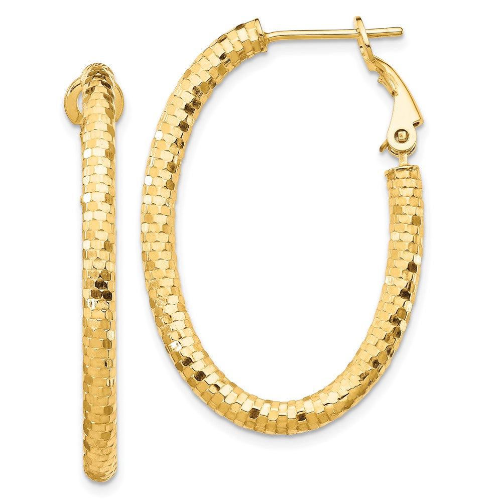 14K 3x37mm Diamond-cut Oval Omega Back Tube Hoop Earrings