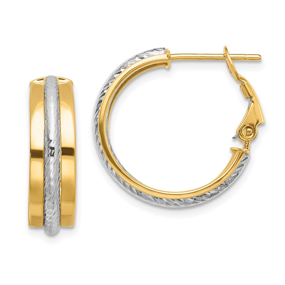 14K Two-tone 6x20mm Polished Diamond-Cut Omega Back Tube Hoop Earrings