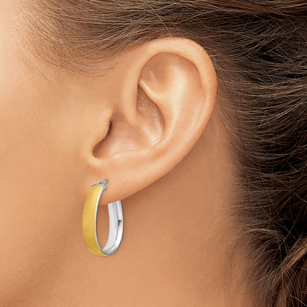 14K and White Rhodium 4.85x23mm Satin and Polished Teardrop Tube Hoop Earrings