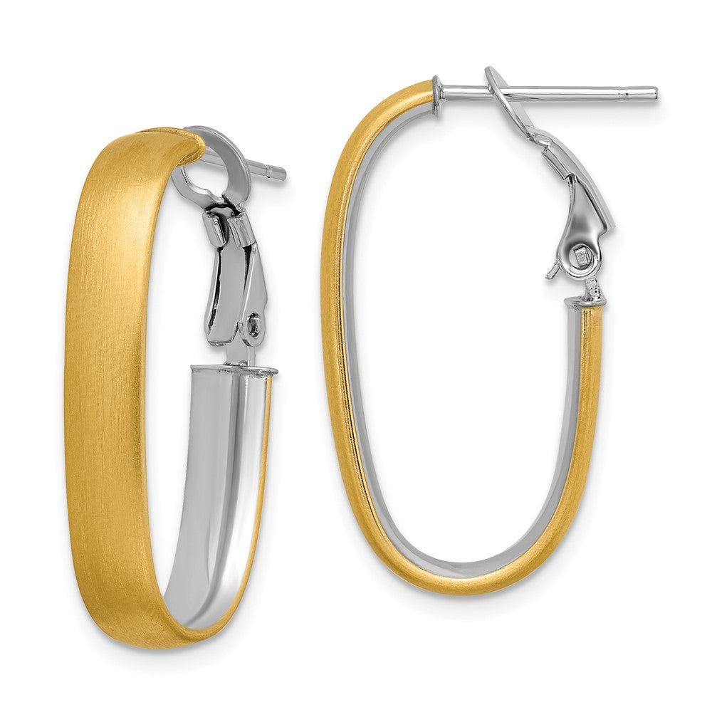 14K with White Rhodium 5x28mm Satin Oval Omega Back Tube Hoop Earrings