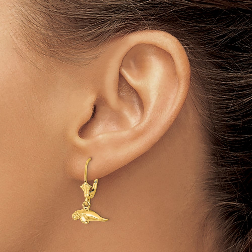 14K 3-D Polished Mini Manatee Leverback Earrings