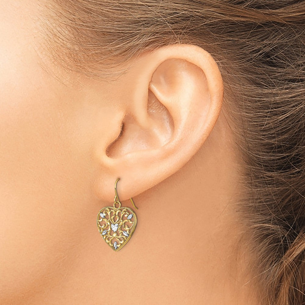 14k w/ RH Filigree Cut-Out Heart Wire Earrings