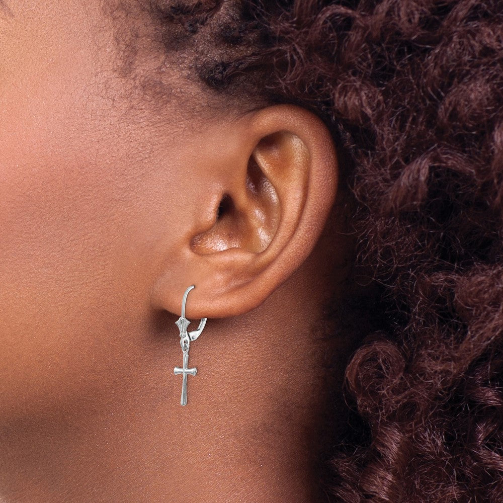 14k White Gold Polished Cross Leverback Earrings