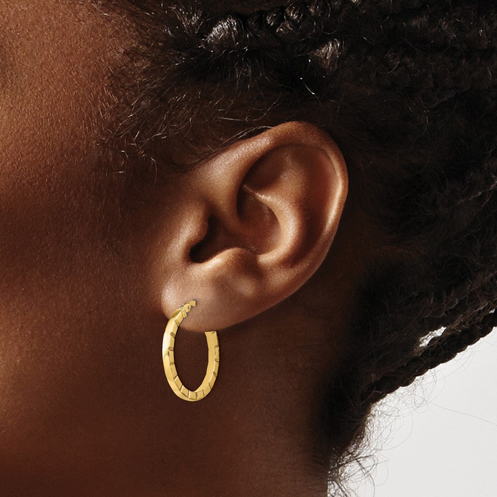 14k 2x21mm Polished Grooved Edge Tube Hoop Earrings