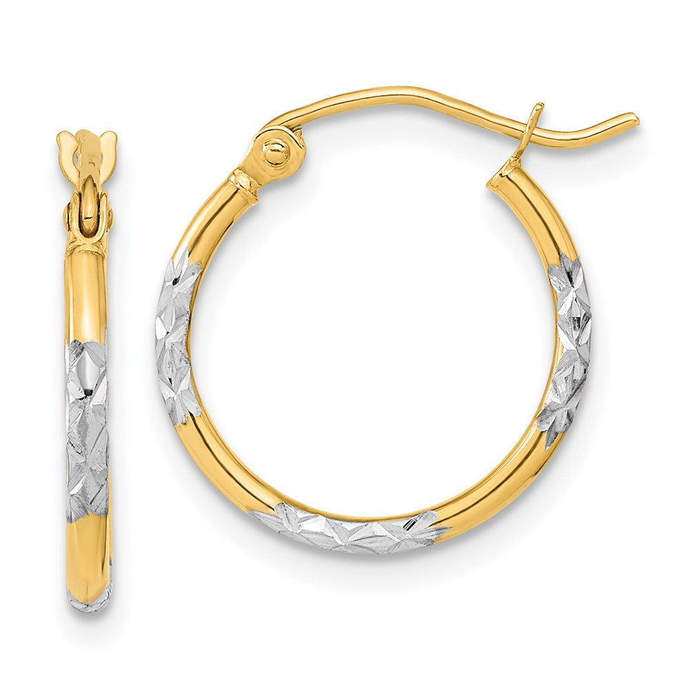 14k and White Rhodium 1.5x16mm Diamond-cut Tube Hoop Earrings