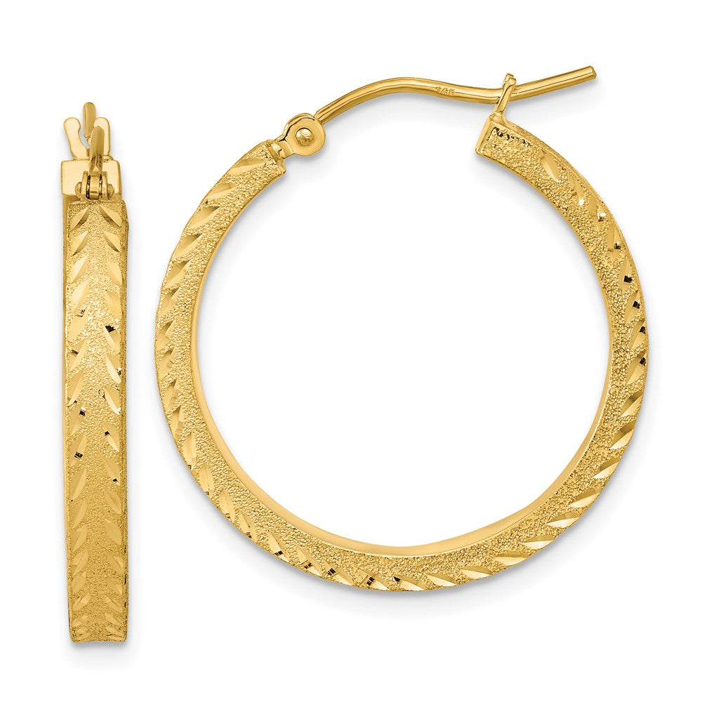 14K 3x26mm Polished Satin Diamond-cut Fancy Hoop Earrings