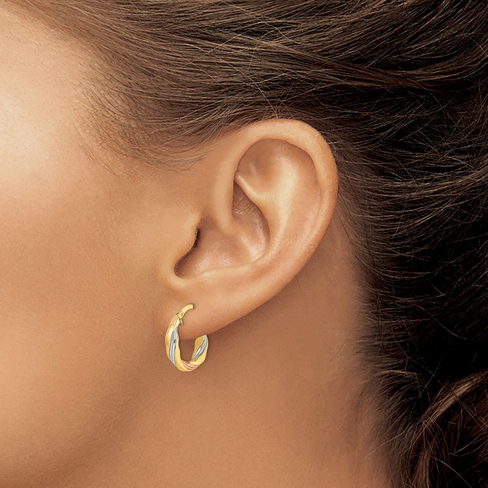 14K W/Rose & White Rhodium Polished Twisted Hoop Earrings