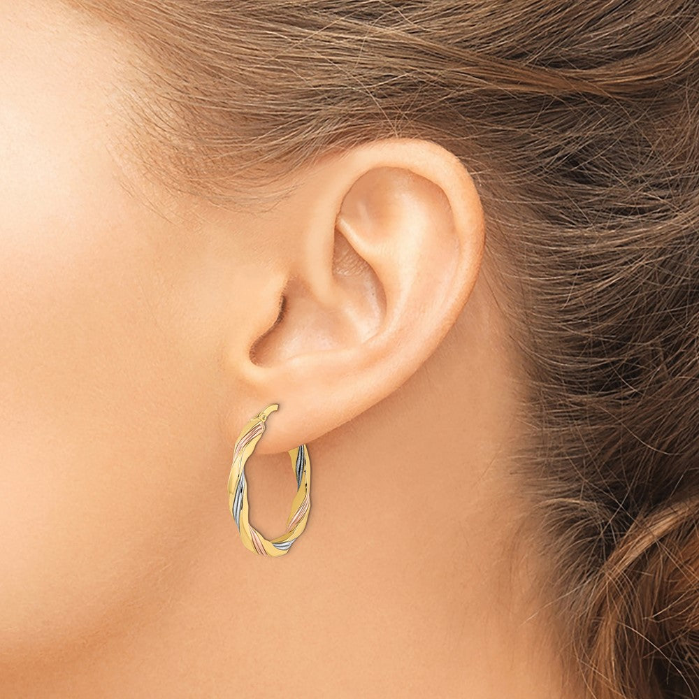 14K W/Rose & White Rhodium Polished Twisted Hoop Earrings