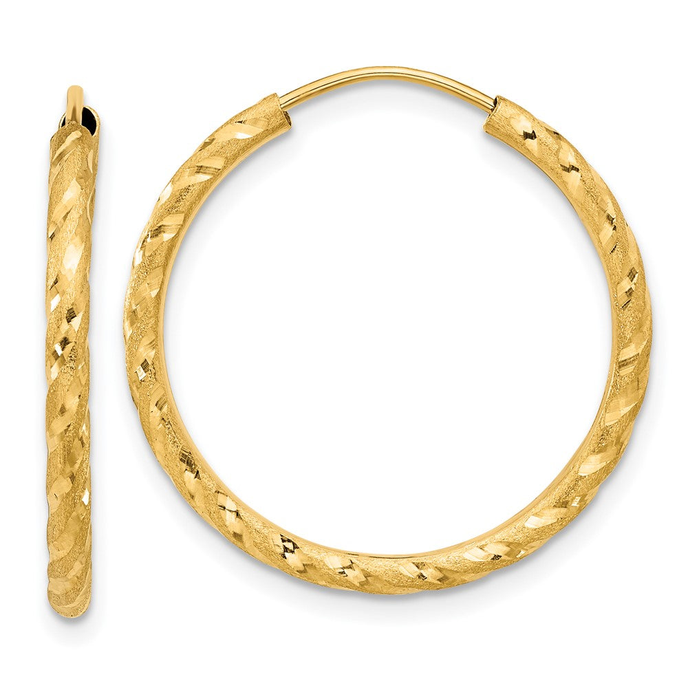 14k 2.00x25mm Polished and Satin Diamond-cut Endless Tube Hoop Earrings