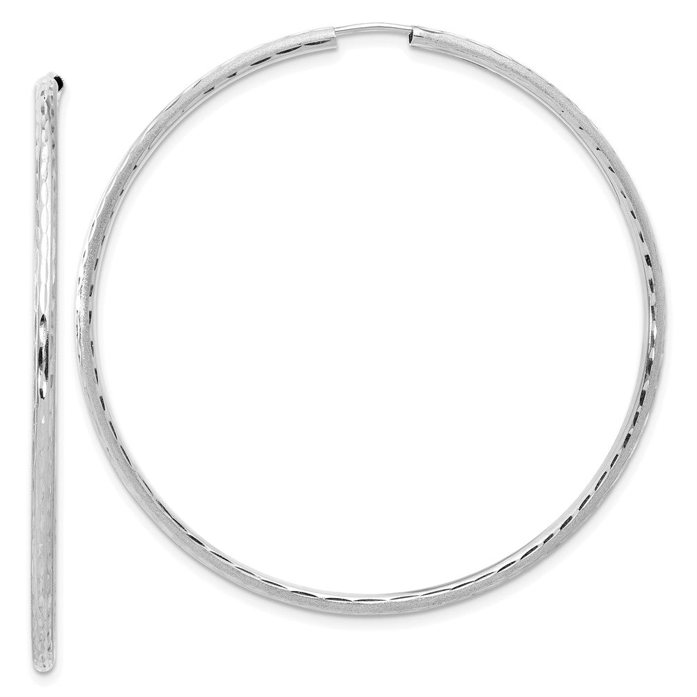 14k White Gold 2.00x55mm Polished and Satin Diamond-cut Endless Tube Hoop Earrings