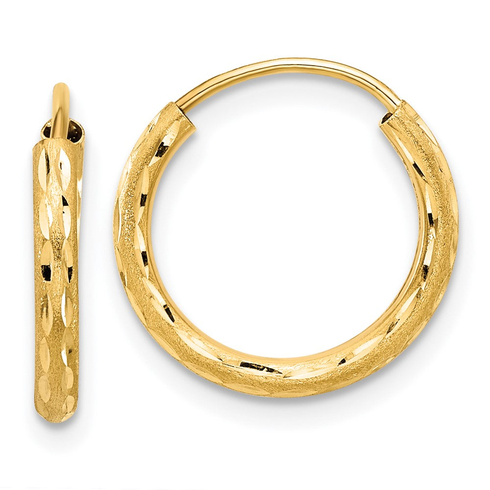 14k 2.00x15mm Polished and Satin Diamond-cut Endless Tube Hoop Earrings