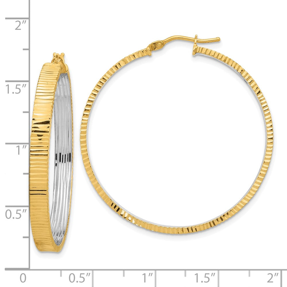 14K Polished and Rhodium Diamond-cut Circle Hoop Earrings
