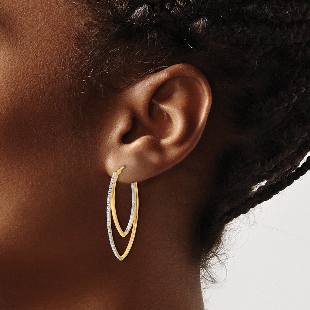 14K Polished and Rhodium Diamond-cut V Shape Hoop Earrings