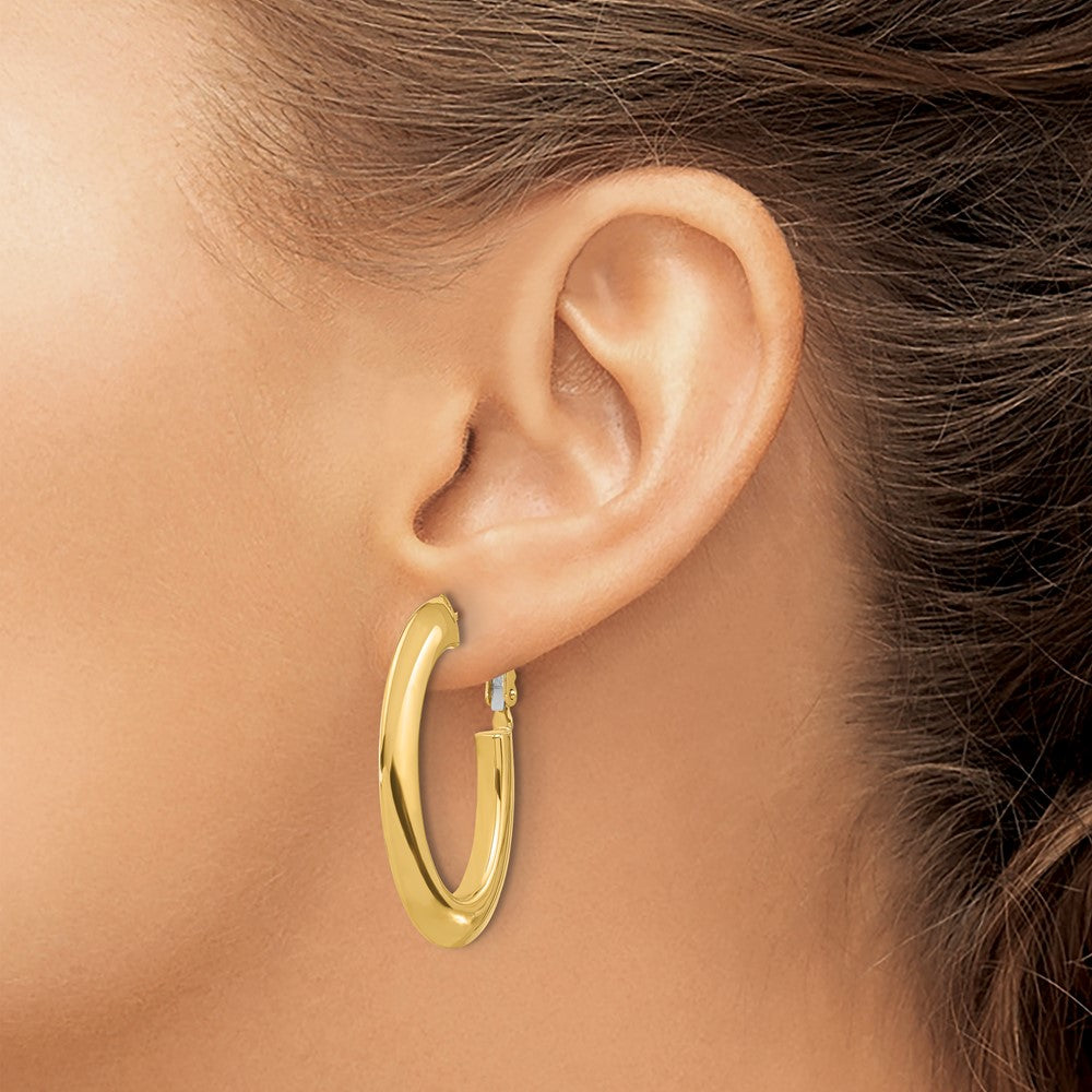 14K 3x37mm Polished Knife-Edge Oval Omega Back Tube Hoop Earrings