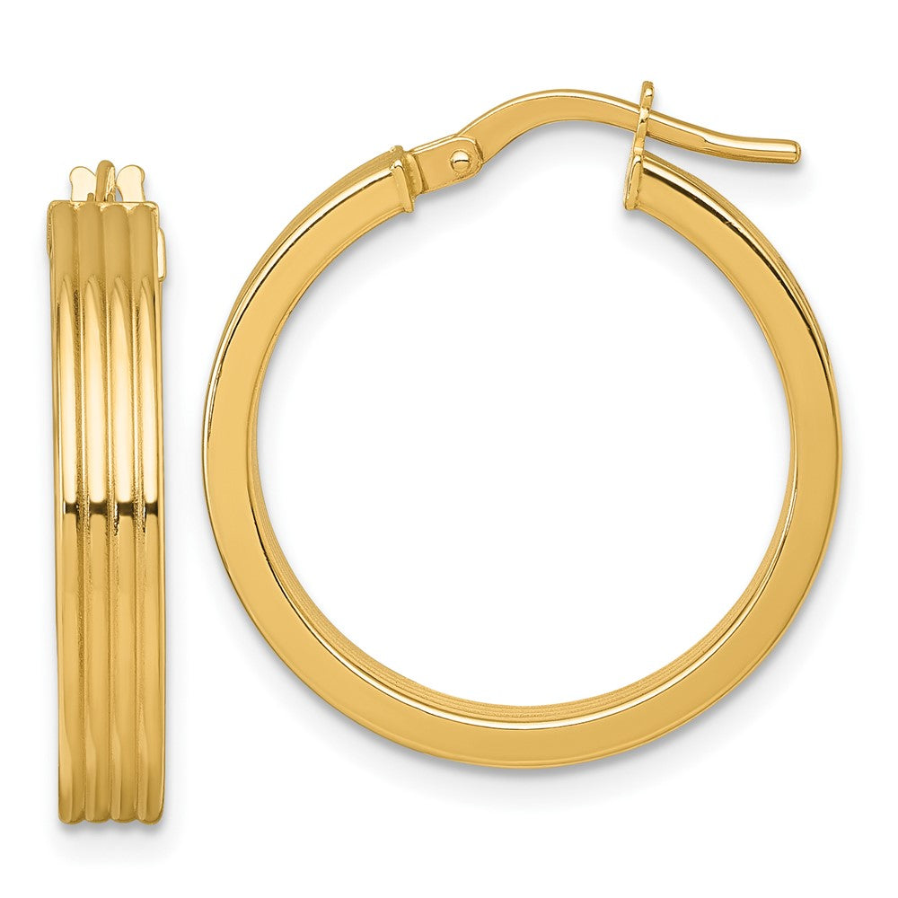 14k Polished and Grooved 4.00 x 24mm Tube Hoop Earrings