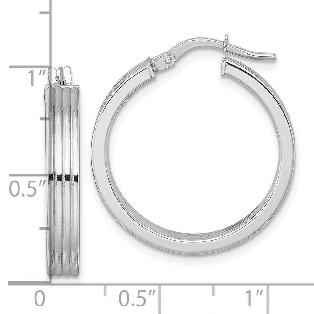 14k White Gold Polished and Grooved 4.00 x 24mm Tube Hoop Earrings