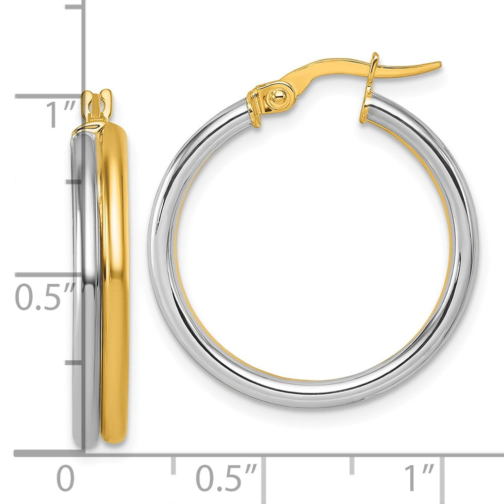 14K with White Rhodium Polished 4.00mm x 24mm Round Hoop Earrings