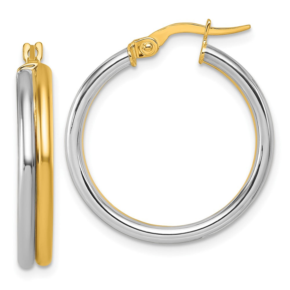 14K with White Rhodium Polished 4.00mm x 24mm Round Hoop Earrings