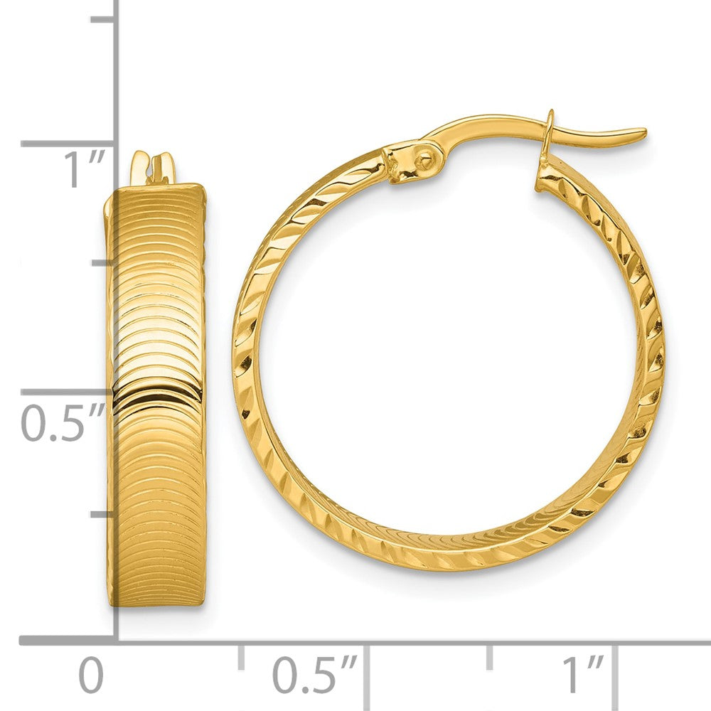 14k Polished 5.0 x 22mm Diamond-Cut Textured Tube Hoop Earrings