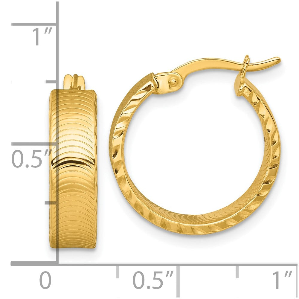 14k Polished 5.0 x 18mm Diamond-Cut Textured Tube Hoop Earrings