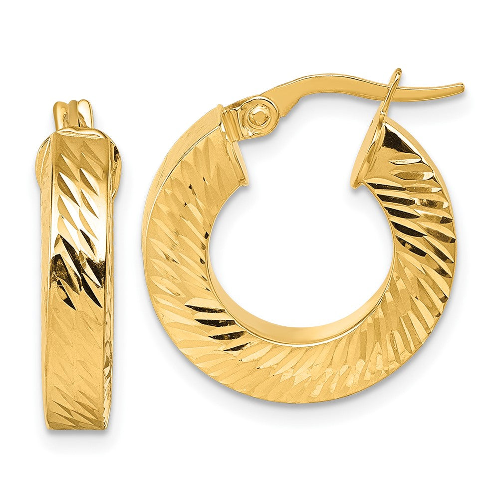 14K Polished and Diamond-cut 4.00mm x 18mm Square Tube Round Hoop Earrings