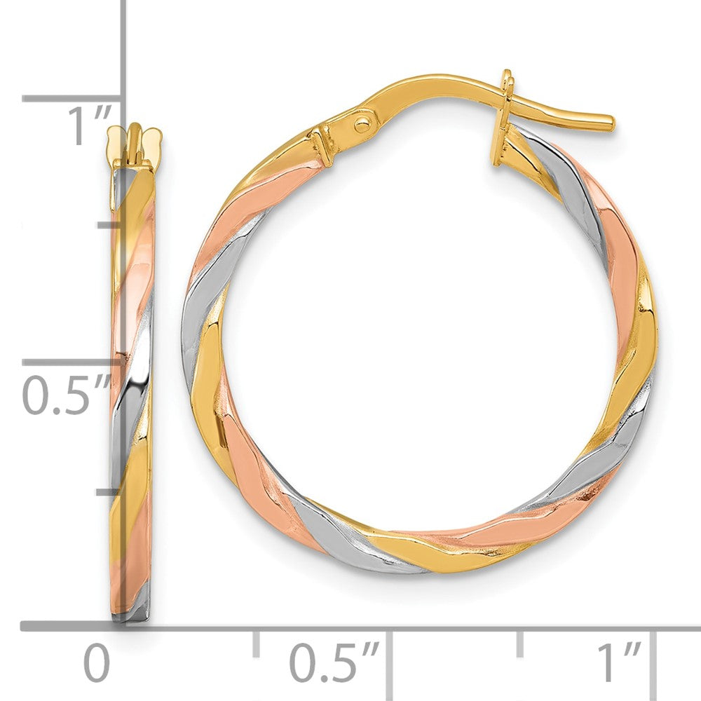 14k with Rose and White Rhodium Polished Twisted 2.00 x 24mm Tube Hoop Earrings