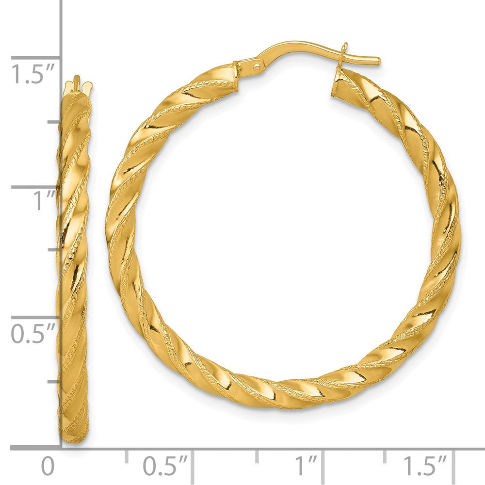 14k Polished Diamond-cut Twisted 3.00 x 35mm Tube Hoop Earrings